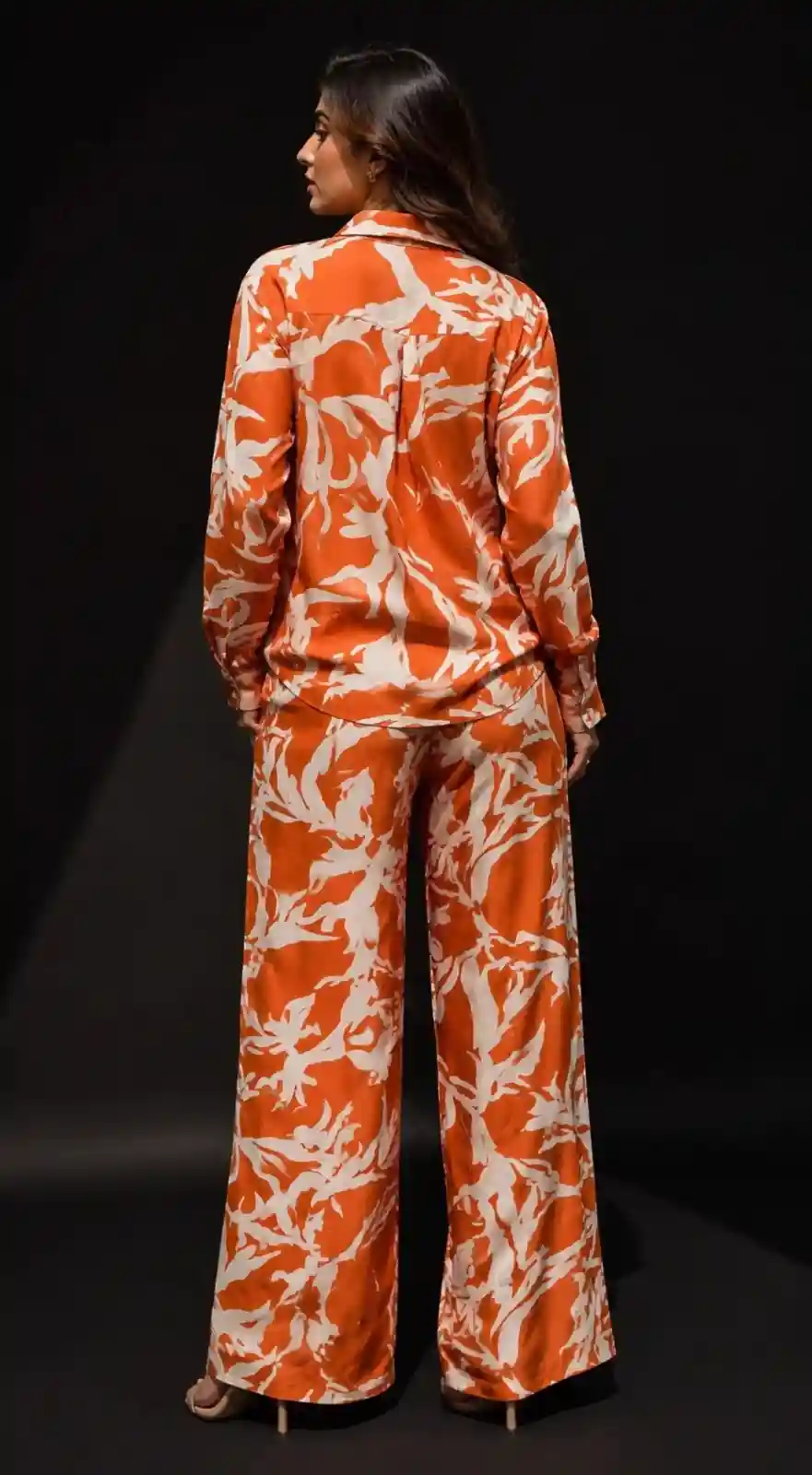 Burnt Orange Abstract Print Co-Ord Set for Women – Cotton Shirt & Wide-Leg Trousers