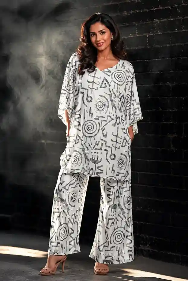 Women's Grey Abstract Print Cotton Co-Or...