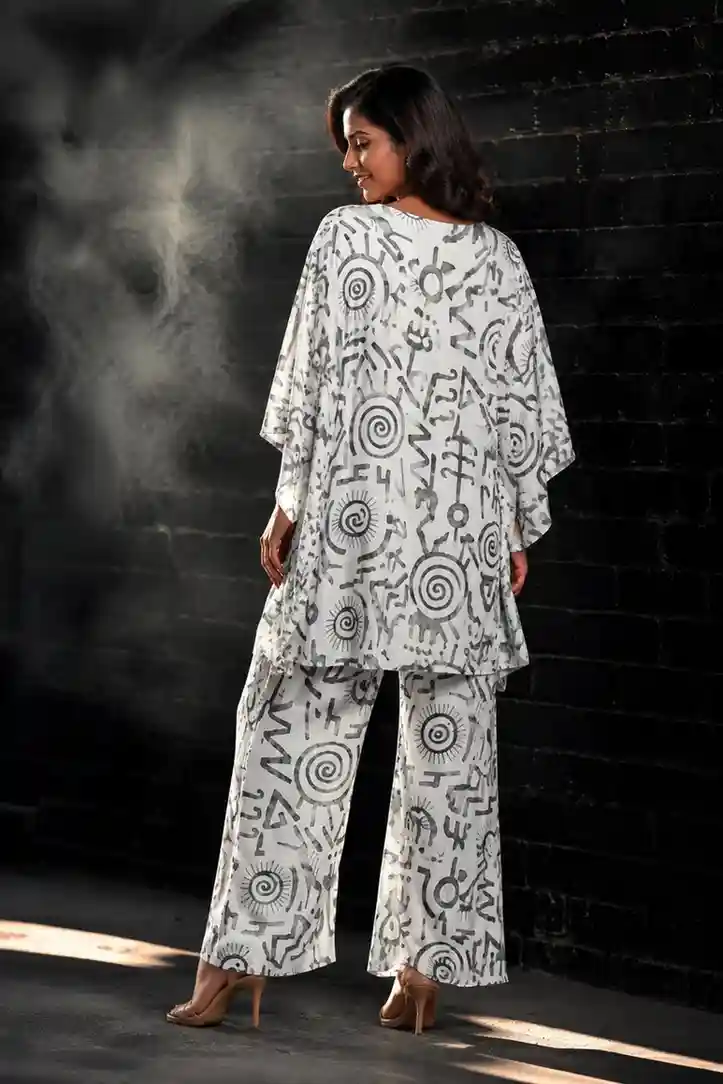 Women's Grey Abstract Print Cotton Co-Ord Set – Kaftan Top & Wide-Leg Pants