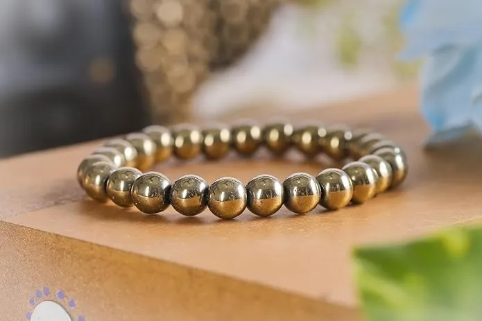 Natural Pyrite Stone Bracelet for Men & Women | Healing Crystal Bead Bracelet for Wealth, Prosperity & Protection