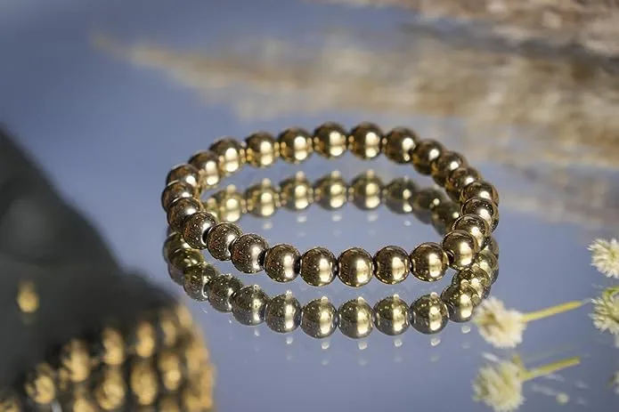 Natural Pyrite Stone Bracelet for Men & Women | Healing Crystal Bead Bracelet for Wealth, Prosperity & Protection