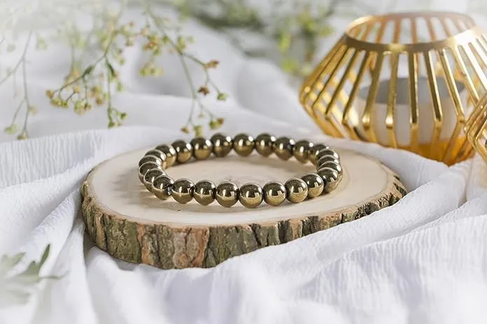 Natural Pyrite Stone Bracelet for Men & Women | Healing Crystal Bead Bracelet for Wealth, Prosperity & Protection