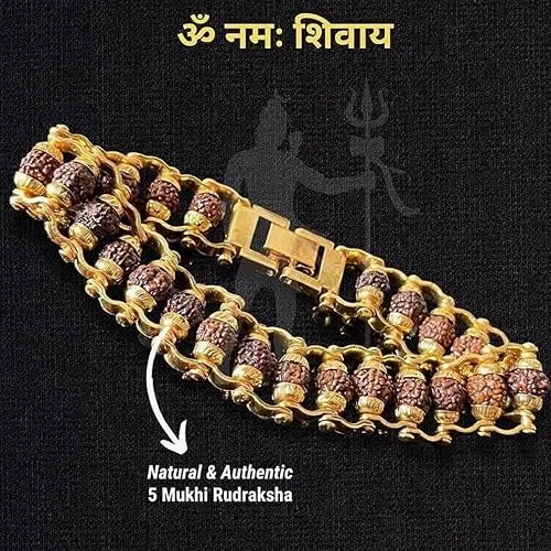 Original 5 Mukhi Rudraksha Bracelet for Men & Women | Natural Rudraksha Bead Bracelet with Gold-Tone Chain for Spiritual Wear