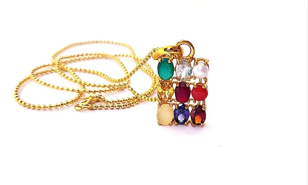 Natural Navratan Pendant with Chain | 9 Gemstone Navaratna Astrology Pendant for Men & Women