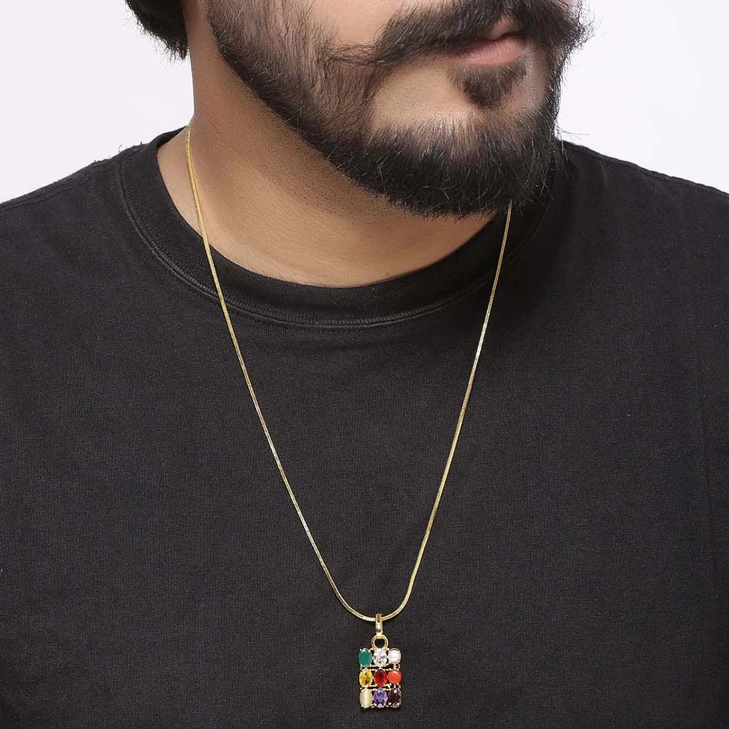 Natural Navratan Pendant with Chain | 9 Gemstone Navaratna Astrology Pendant for Men & Women