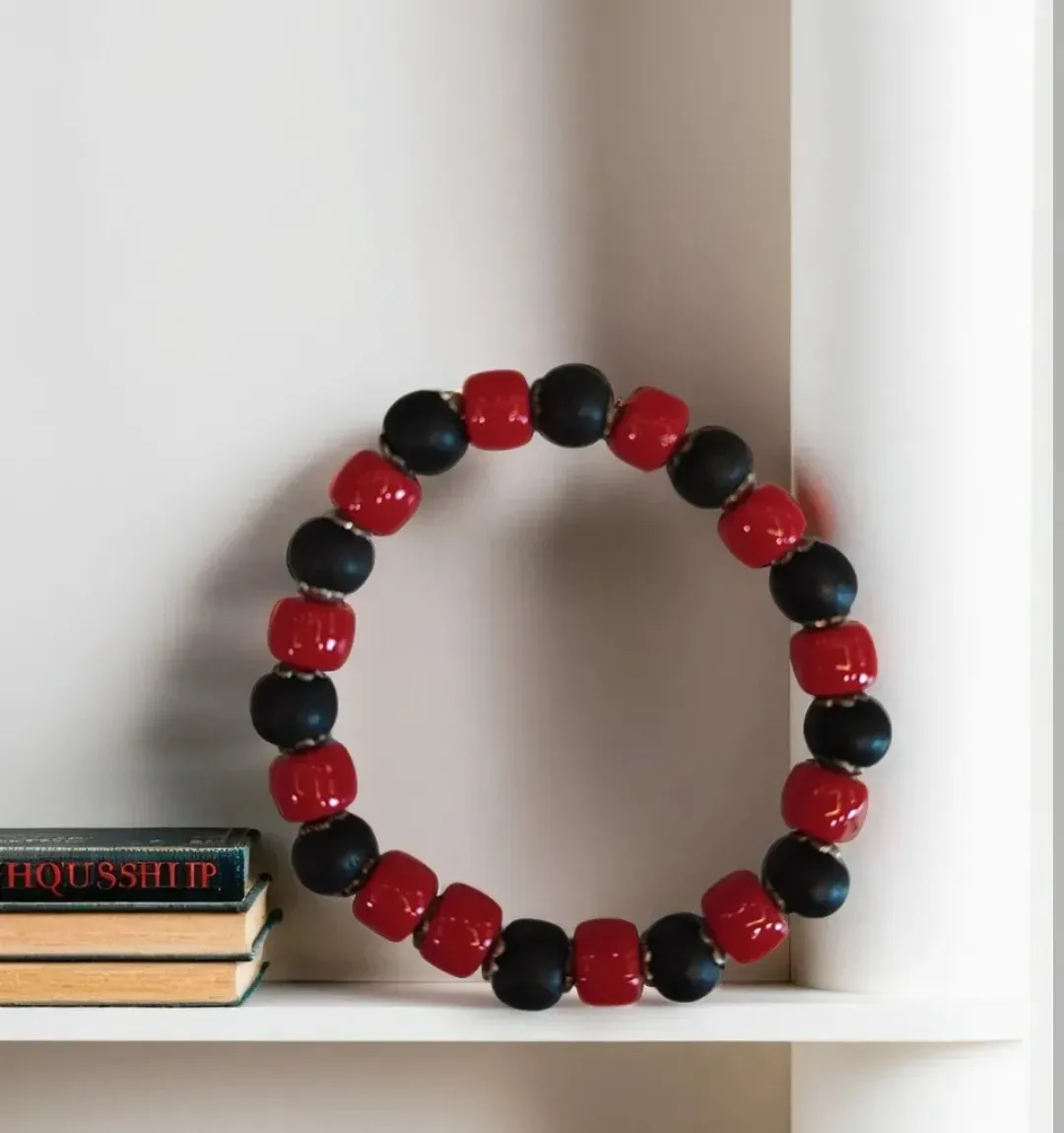 Red & Black Gemstone Beaded Bracelet for Men & Women | Faceted Crystal Stretch Bracelet