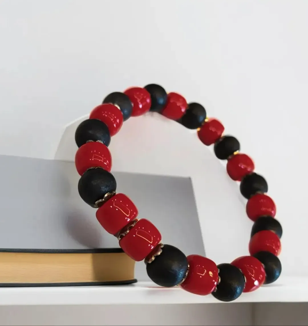 Red & Black Gemstone Beaded Bracelet for Men & Women | Faceted Crystal Stretch Bracelet