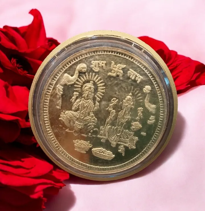 Lakshmi Ganesh Brass Coin for Pooja | 99% Pure Brass Divine Lucky Coin for Home Temple, Wealth, Prosperity & Gifting