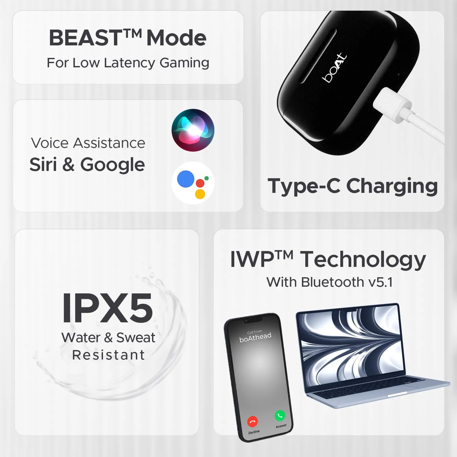 boAt Airdopes 301 TWS Earbuds with Mic, 75H Playtime, Quad Mics with ENx, 50ms Low Latency, ASAP Charge, IWP Technology, 10mm Drivers, Bluetooth 5.3, IPX5, Arctic Whisper