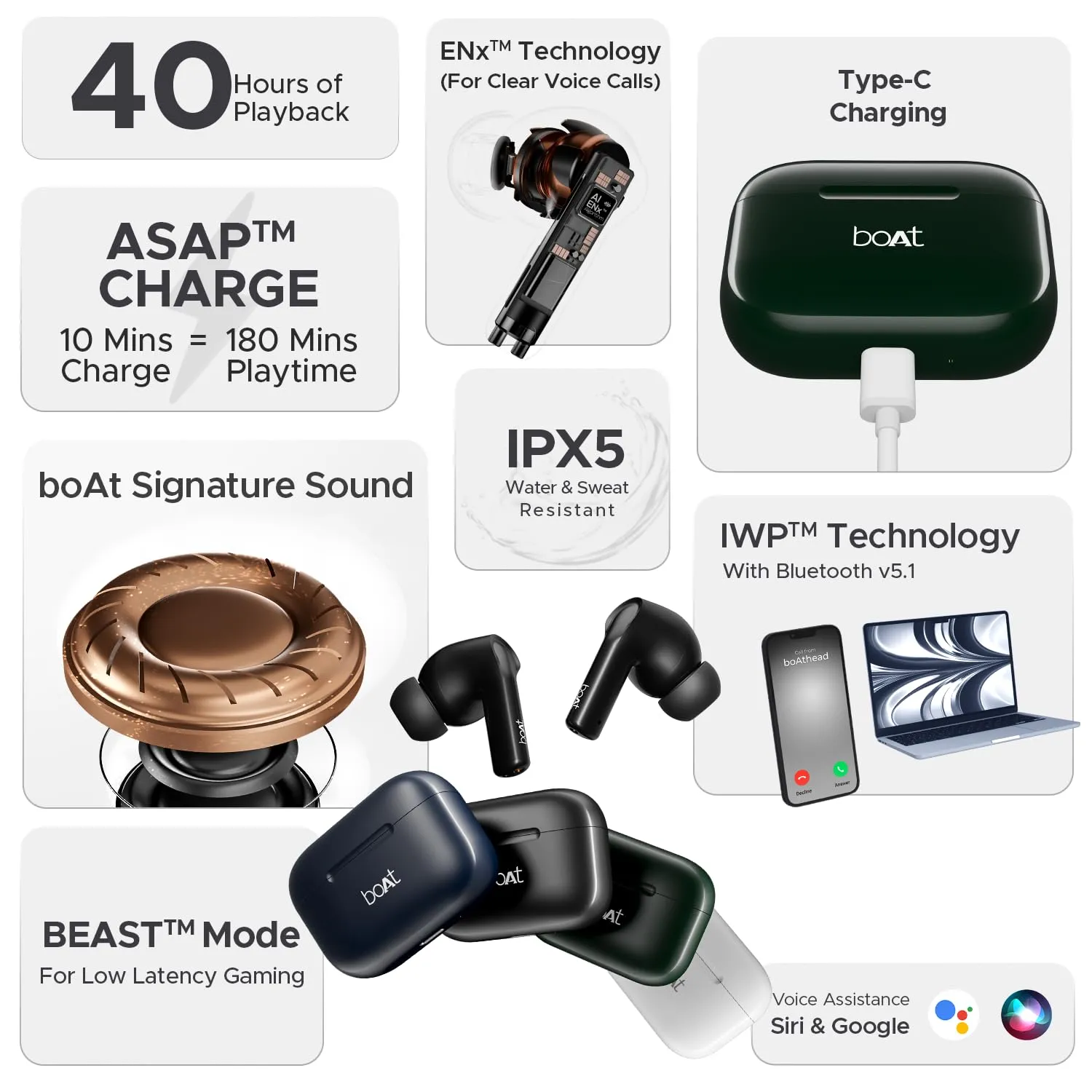 boAt Airdopes 301 TWS Earbuds with Mic, 75H Playtime, Quad Mics with ENx, 50ms Low Latency, ASAP Charge, IWP Technology, 10mm Drivers, Bluetooth 5.3, IPX5, Arctic Whisper