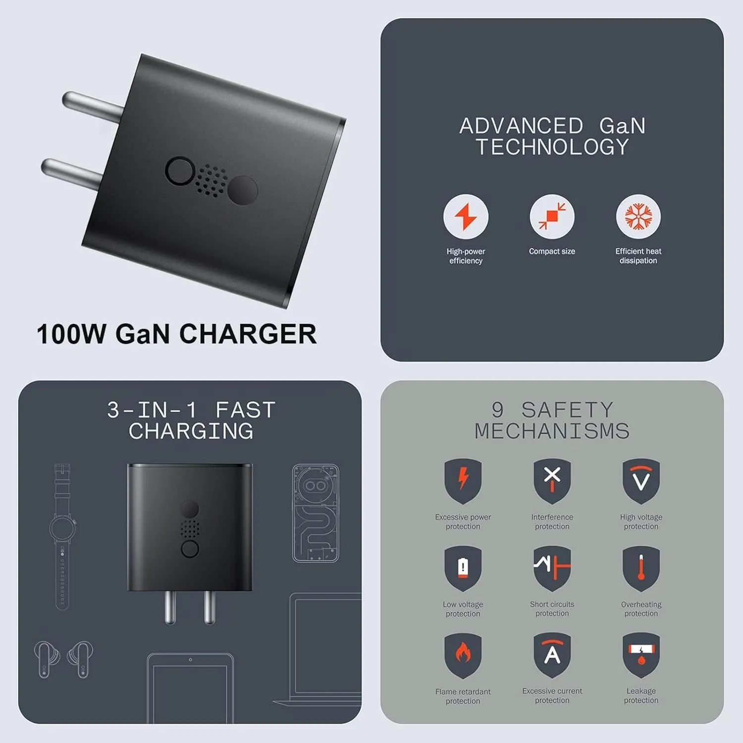CMF by Nothing Power 100W GaN Fast Charger with 3 Ports, USB-C & USB-A, Detachable Cable, Dark Grey