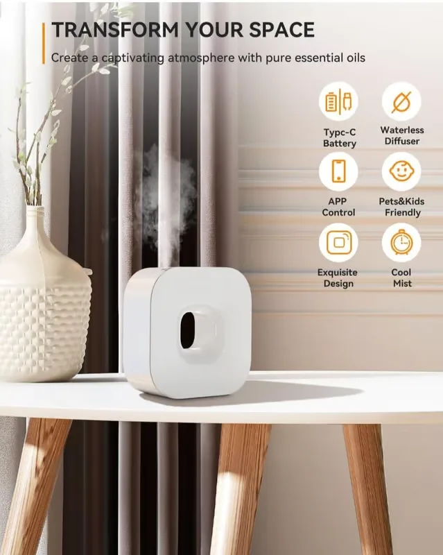 Aroma Diffuser Latest Waterless Essential Oil Diffuser - Bluetooth Cordless Aromatherapy Diffuser With App Control, Smart Timer Setting, Hang-up Design and Wide Coverage for Home, Office, Hotel and Spa - White (1 Units)