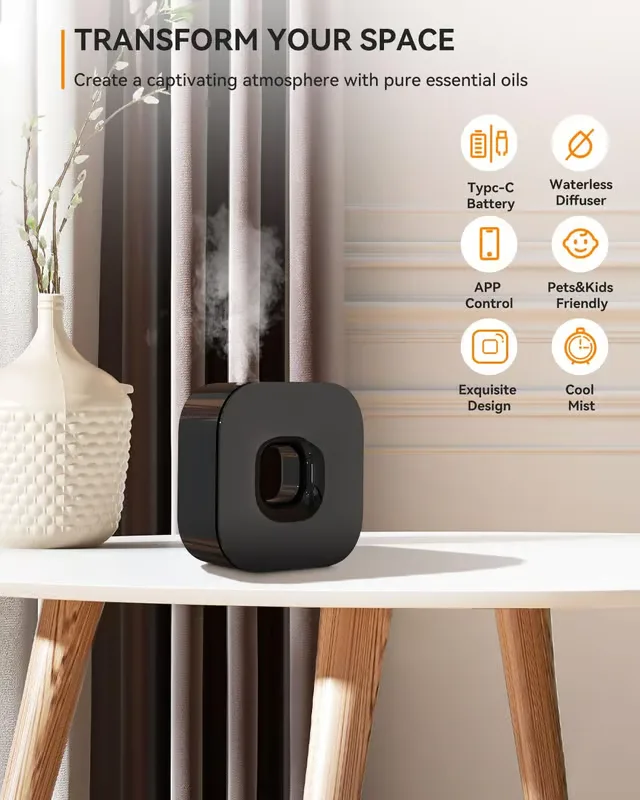 Latest Aroma Diffuser Waterless Essential Oil Diffuser - Bluetooth Cordless Aromatherapy Diffuser With App Control, Smart Timer Setting, Hang-up Design and Wide Coverage for Home, Office, Hotel and Spa - Black (1 Units)
