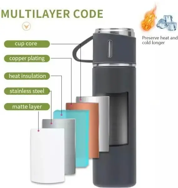 Stainless Steel Thermo Flask Gift Set 500ml Vacuum Insulated Bottle With Two Cups Hot & Cold Drinks Multicolor