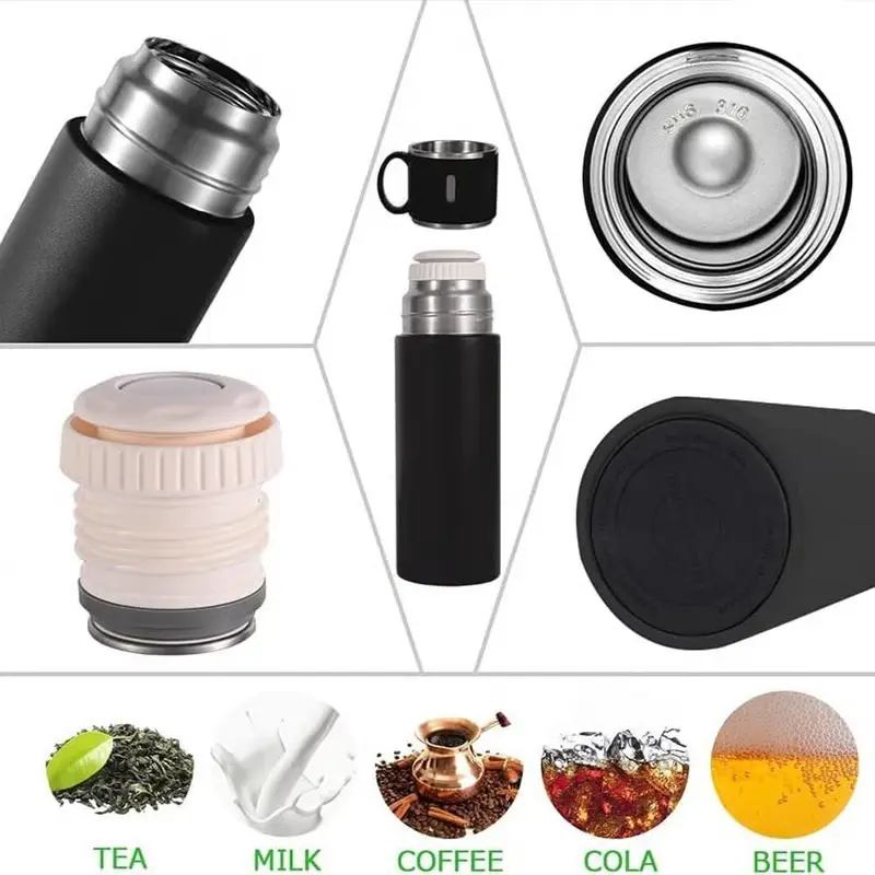 Stainless Steel Thermo Flask Gift Set 500ml Vacuum Insulated Bottle With Two Cups Hot & Cold Drinks Multicolor
