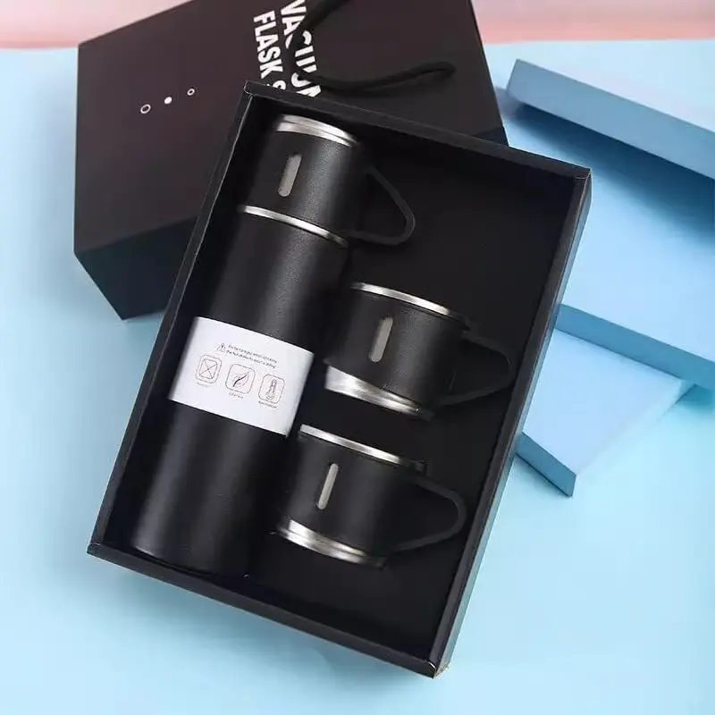 Stainless Steel Thermo Flask Gift Set 500ml Vacuum Insulated Bottle With Two Cups Hot & Cold Drinks Multicolor