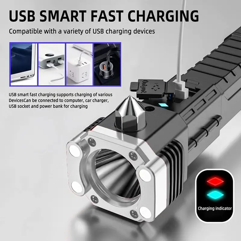Torch Light Led 3w Torch Light Rechargeable Torch Flashlight Long Distance Beam Range Car Rescue Torch With Hammer Window Glass Built Portable Rechargeable