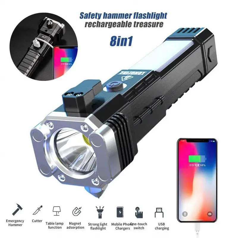 Torch Light Led 3w Torch Light Rechargeable Torch Flashlight Long Distance Beam Range Car Rescue Torch With Hammer Window Glass Built Portable Rechargeable