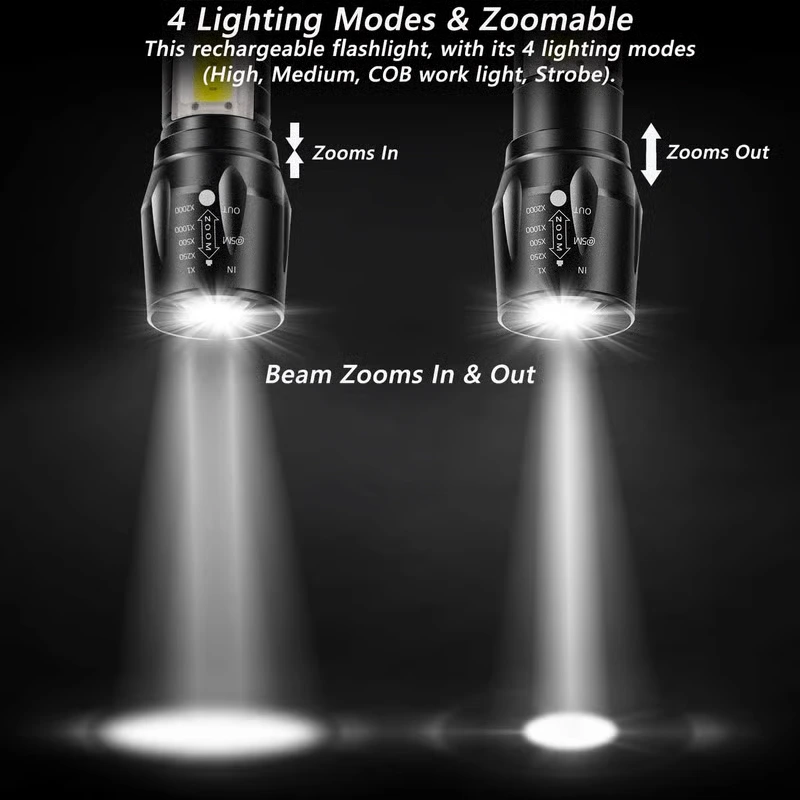 Emergency Handheld Flashlight Usb Rechargeable Flashlight 3 Modes Adjustable Focus,portable Waterproof Led Flashlight With Cob Side Lights，best Tactical Torch for Hurricane (pack of 1)