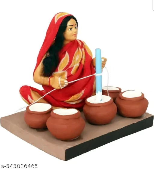 Krishnanagar Handmade Clay Gift & Décor | Basic- Sitting Human Figure Miniature Idol - Butter-Churning Woman
