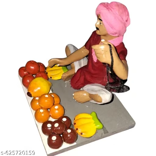 Krishnanagar Handmade Clay Gift & Décor Sitting Human Figure Miniature Idol Fruit Seller