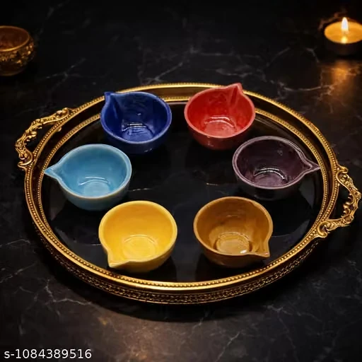 Traditional Ceramic Diya Set of 6 Multicolour, Decorative Festival Lamps for Home & Mandir | Handcrafted Ceramic Diyas Set of 6, Reusable Oil Lamps for Diwali, Home Decoration & Gifting