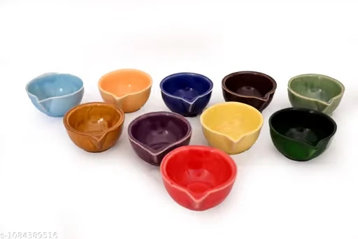 Traditional Ceramic Diya Set of 6 Multicolour, Decorative Festival Lamps for Home & Mandir | Handcrafted Ceramic Diyas Set of 6, Reusable Oil Lamps for Diwali, Home Decoration & Gifting