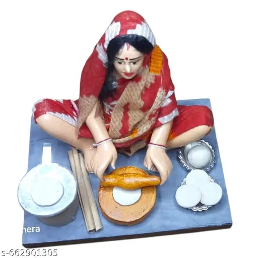 Krishnanagar Handmade Clay Gift & Décor | Basic- Sitting Human Figure Miniature Idol - Roti Making Woman