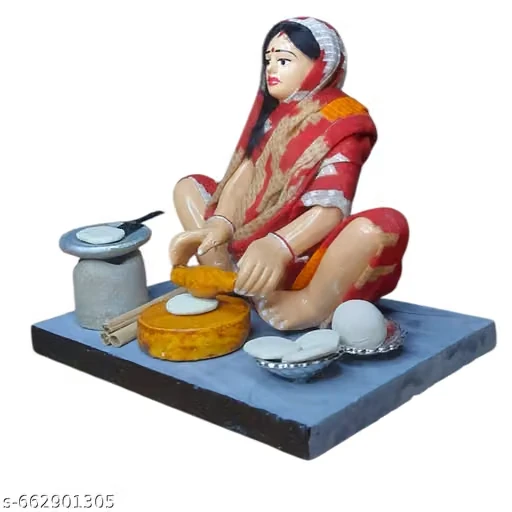 Krishnanagar Handmade Clay Gift & Décor | Basic- Sitting Human Figure Miniature Idol - Roti Making Woman
