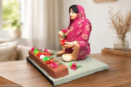Bengal Clay Flower Seller Woman Miniature Idol | Handmade Terracotta Showpiece for Home Decor, Office Desk, Living Room | Pink Saree |