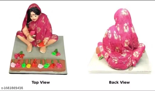 Bengal Clay Flower Seller Woman Miniature Idol | Handmade Terracotta Showpiece for Home Decor, Office Desk, Living Room | Pink Saree |