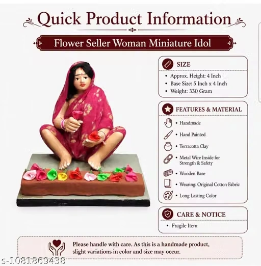 Bengal Clay Flower Seller Woman Miniature Idol | Handmade Terracotta Showpiece for Home Decor, Office Desk, Living Room | Pink Saree |