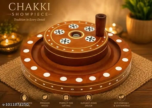 Premium Wooden Traditional Chakki Showpiece - Handcrafted Miniature Flour Mill Grindstone for Home Decor, Festive Gifting & Office Desk