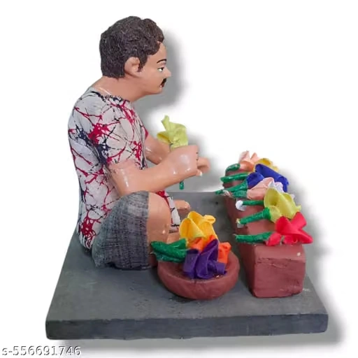 Krishnanagar Handmade Clay Gift & Décor | Basic- Sitting Human Figure Miniature Idol - Flower Seller