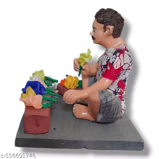 Krishnanagar Handmade Clay Gift & Décor | Basic- Sitting Human Figure Miniature Idol - Flower Seller