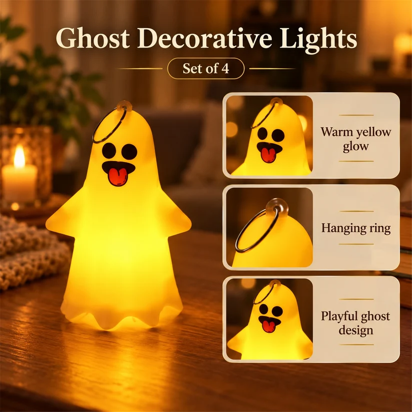 Cute Ghost LED Night Lamps with Hanging Rings, 4-Piece Set for Halloween Decorations, Party Décor & Home Lighting