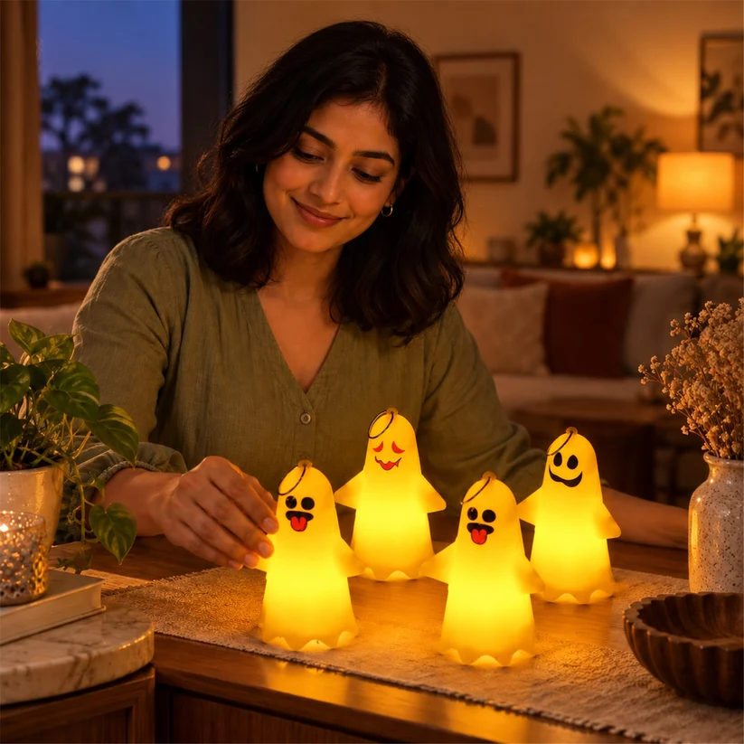 Cute Ghost LED Night Lamps with Hanging Rings, 4-Piece Set for Halloween Decorations, Party Décor & Home Lighting