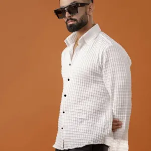 BLUECORP ENTERPRISE Men's White Textured Cotton Shirt, Quilted Pattern, Button-Down Collar, Full Sleeves