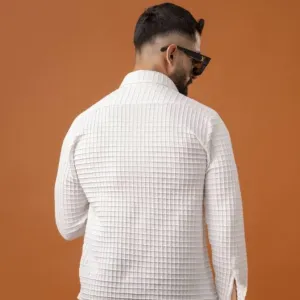 BLUECORP ENTERPRISE Men's White Textured Cotton Shirt, Quilted Pattern, Button-Down Collar, Full Sleeves