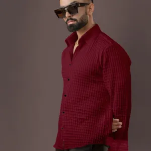 BLUECORP ENTERPRISE Men's Burgundy Quilted Button-Down Shirt, Long Sleeve, Maroon Textured Cotton
