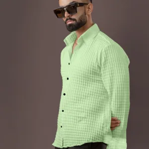 BLUECORP ENTERPRISE Men's Textured Cotton Shirt, Mint Green, Long Sleeve, Button-Down Collar