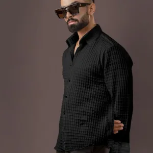 BLUECORP ENTERPRISE Men's Black Quilted Button-Down Shirt, Long Sleeve, Textured Cotton