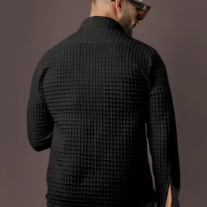 BLUECORP ENTERPRISE Men's Black Quilted Button-Down Shirt, Long Sleeve, Textured Cotton