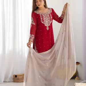 New Red Georgette Sharara Suit Ethnic Wear Elegant Design