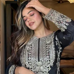 designer black chinon pakistani straight suit for women