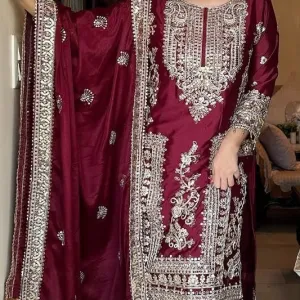 designer maroon chinon pakistani straigh...