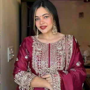 Maroon Chinon Pakistani Straight Suit Wedding Ready Outfit