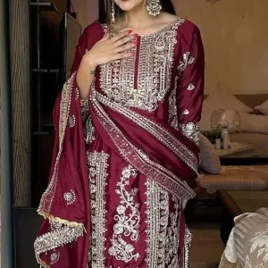 Maroon Chinon Pakistani Straight Suit Wedding Ready Outfit
