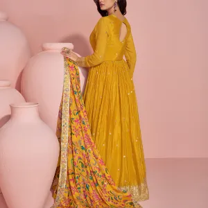 Yellow Chinon Anarkali Summer Special Party Wear