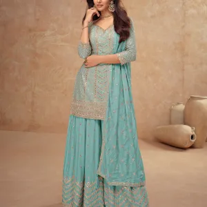 Sky Blue Chinon Palazzo Set Designer Out...